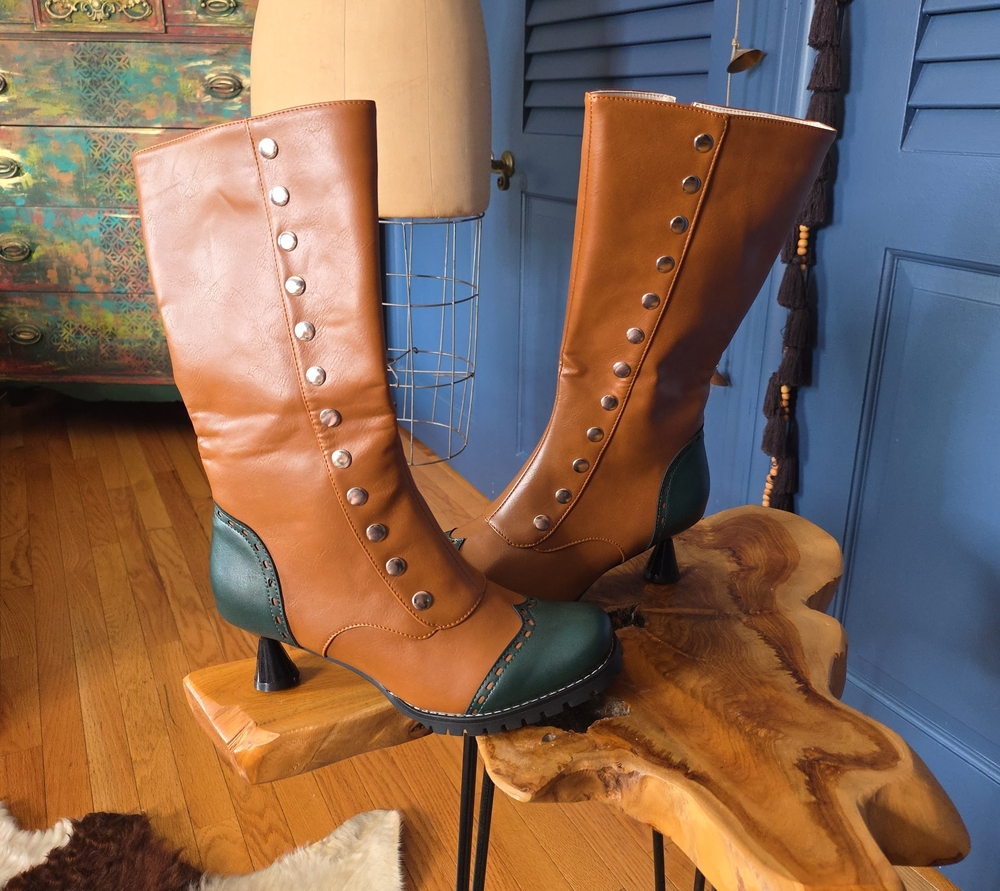 Listing Title: NIB Vintage Victorian Steampunk Colorblock Mid-Calf Button Boots